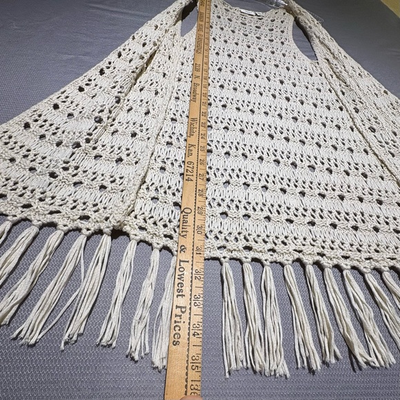 Crochet cardigan open knit long fringed Coachella country southwestern ivory L - Picture 6 of 10